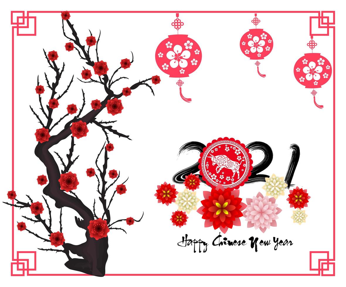 Chinese New Year 2021 Year of the Ox with Branch and Blossoms vector