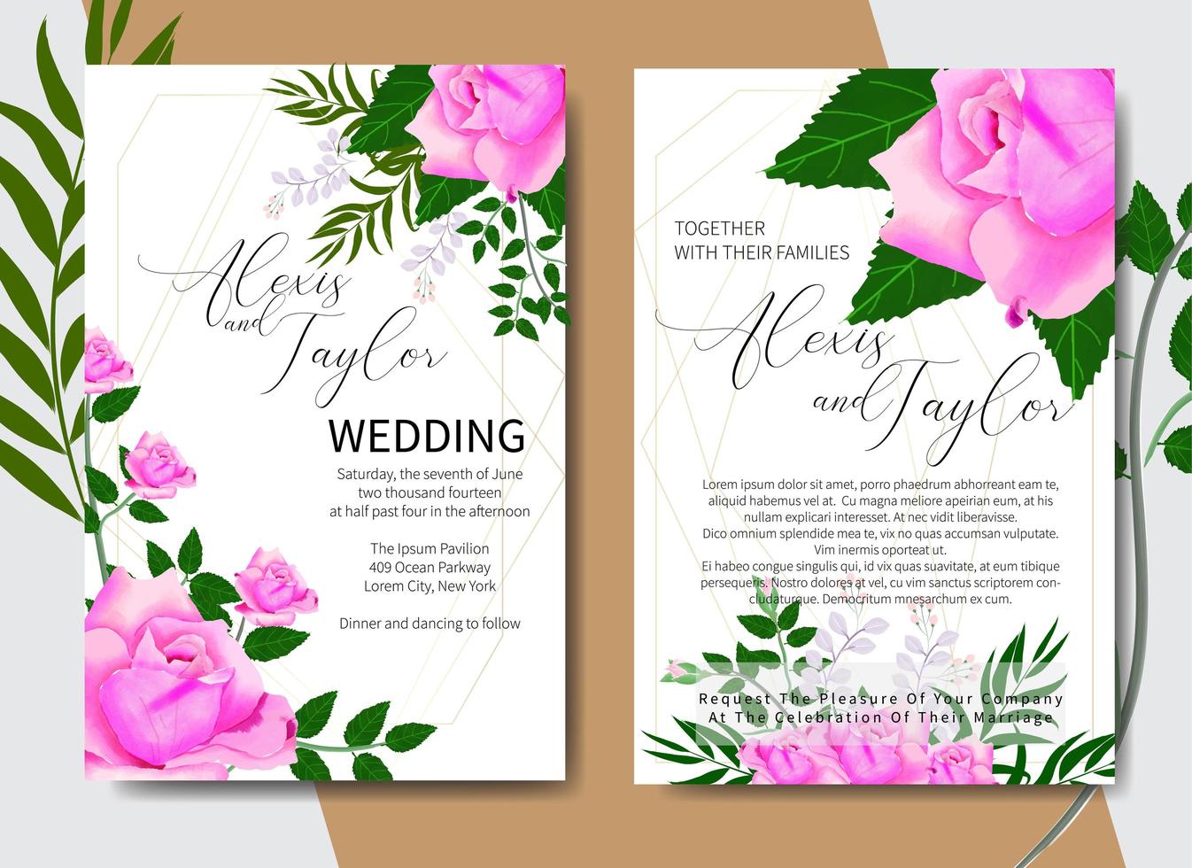 Watercolor Wedding Invitation Card with Roses in Corners