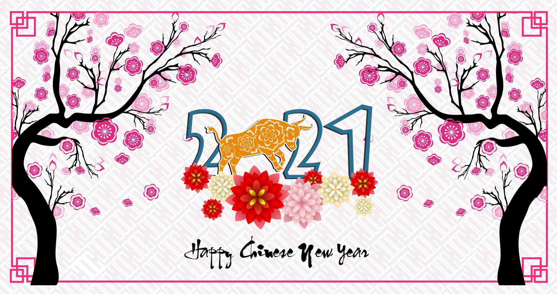 Chinese New Year 2021 with Trees and Pink Flowers vector