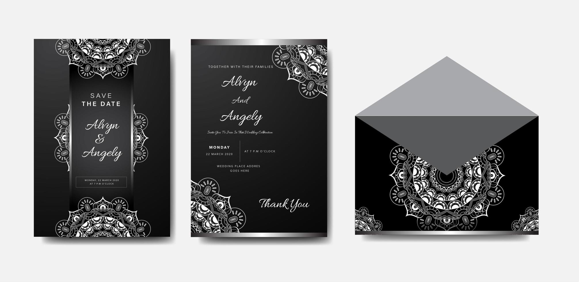 Silver and White Mandala Wedding Invitation Set vector