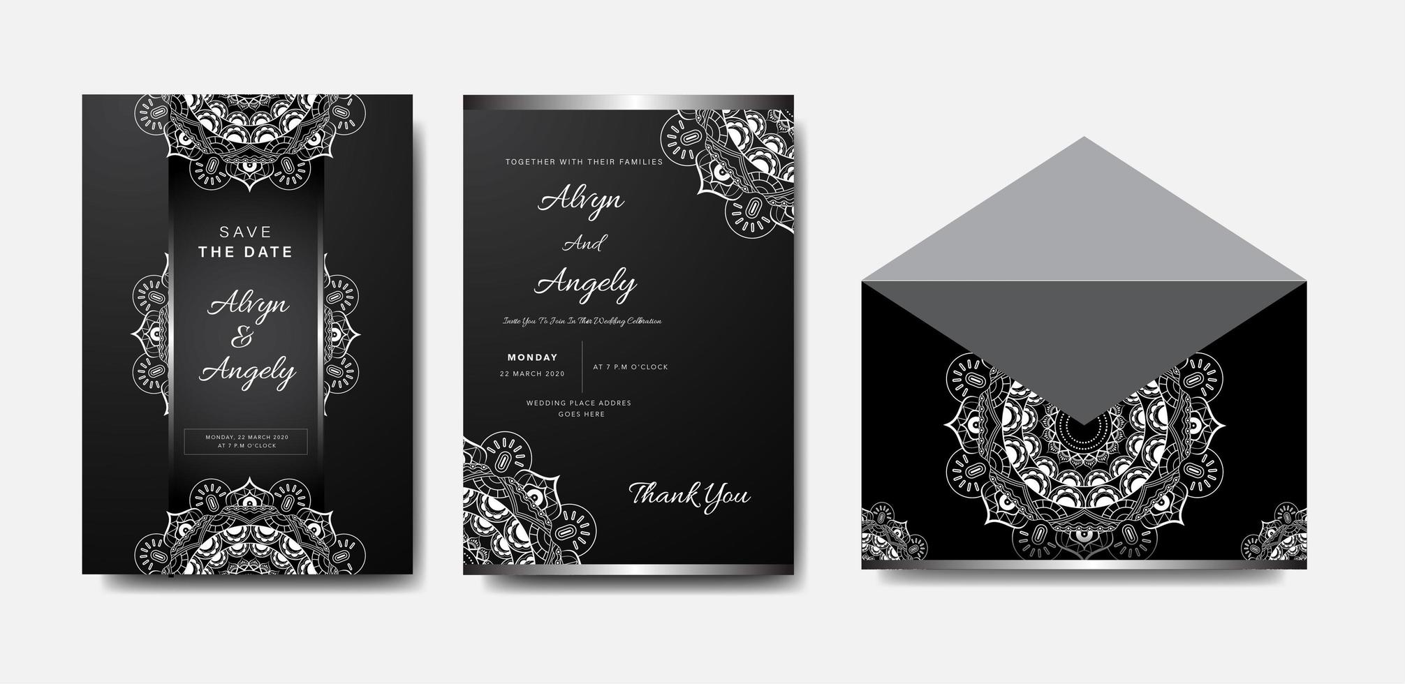 conjunto de invitación de boda mandala plateado y blanco vector