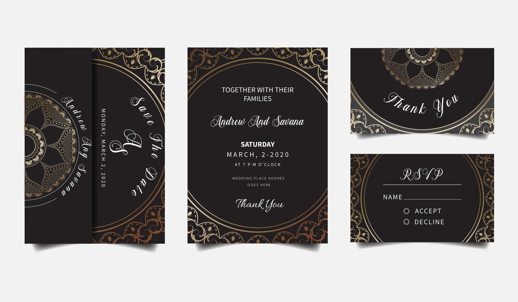 conjunto de invitación de boda de oro mandala de lujo vector