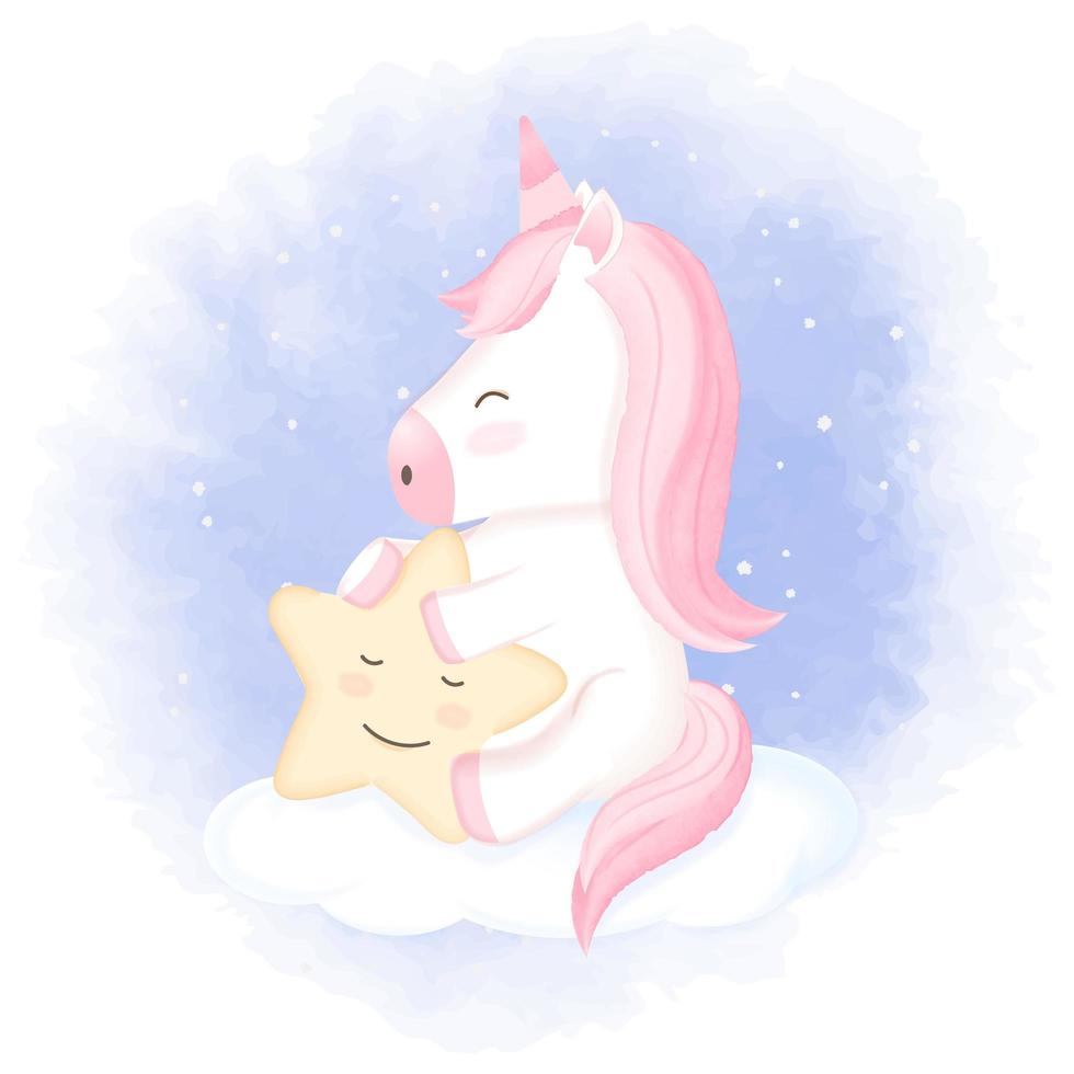 Unicornio con estrella en la nube ilustración dibujada a mano vector