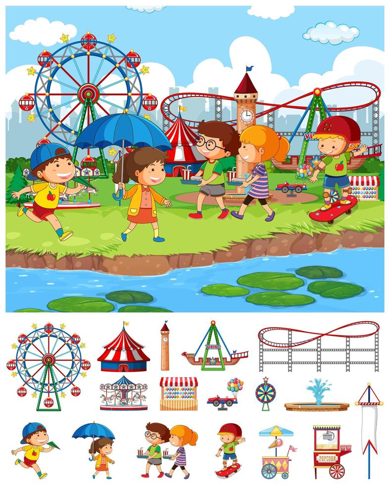 Diseño de fondo de escena con muchos niños en el circo vector