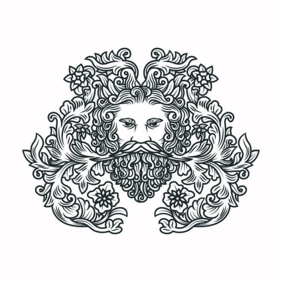 Ornate Floral Illustration of Mans Head With Beard