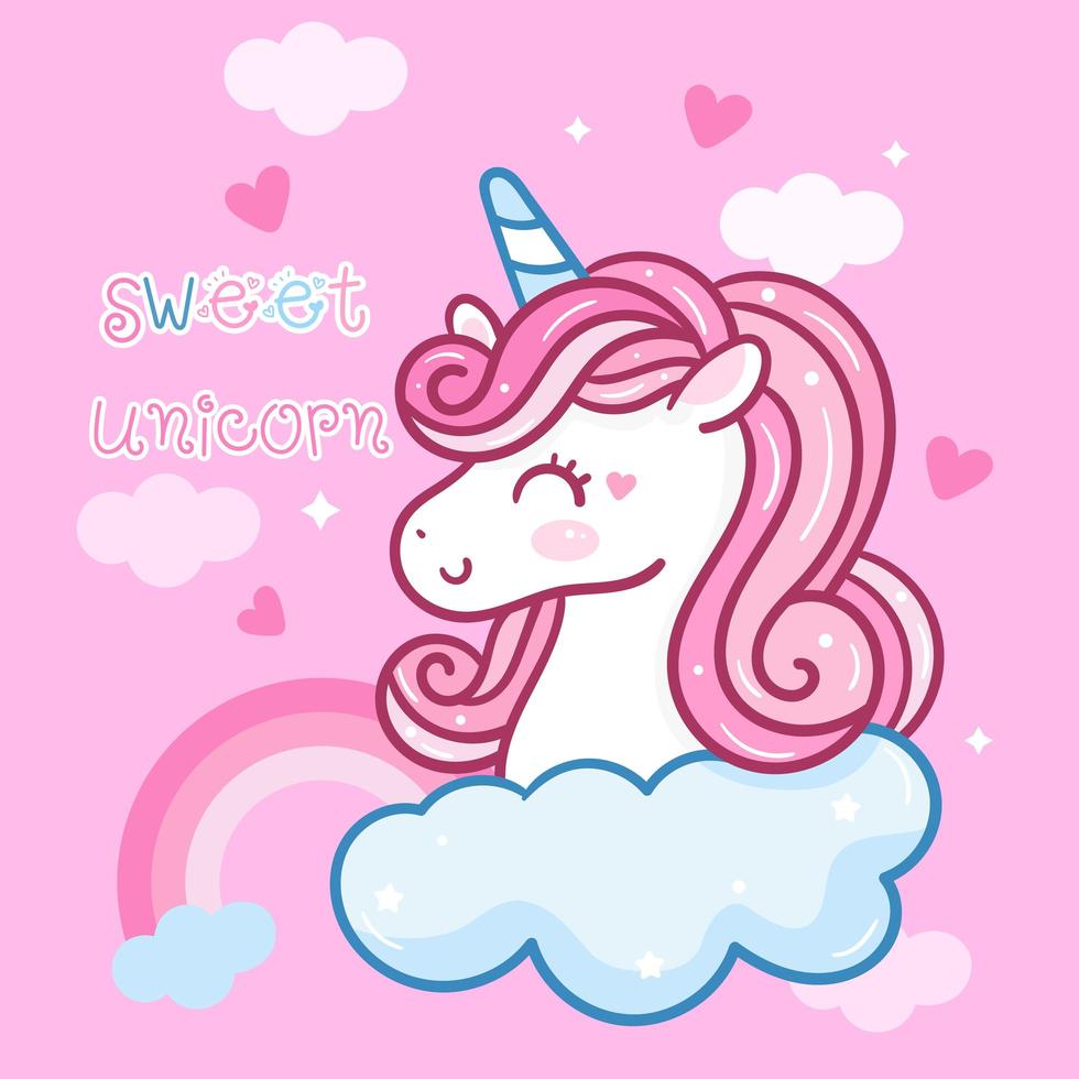 cabeza de unicornio kawaii en nubes vector