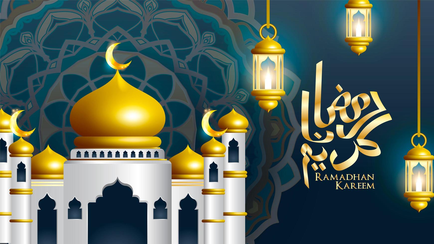 Ramadán Kareem caligrafía con mezquita y linternas vector