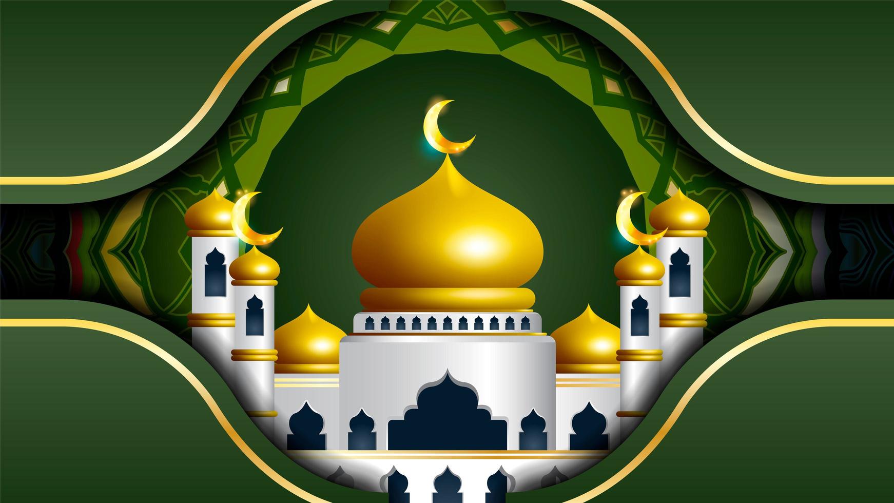 Ramadan Kareem green design with mosque and mandala vector