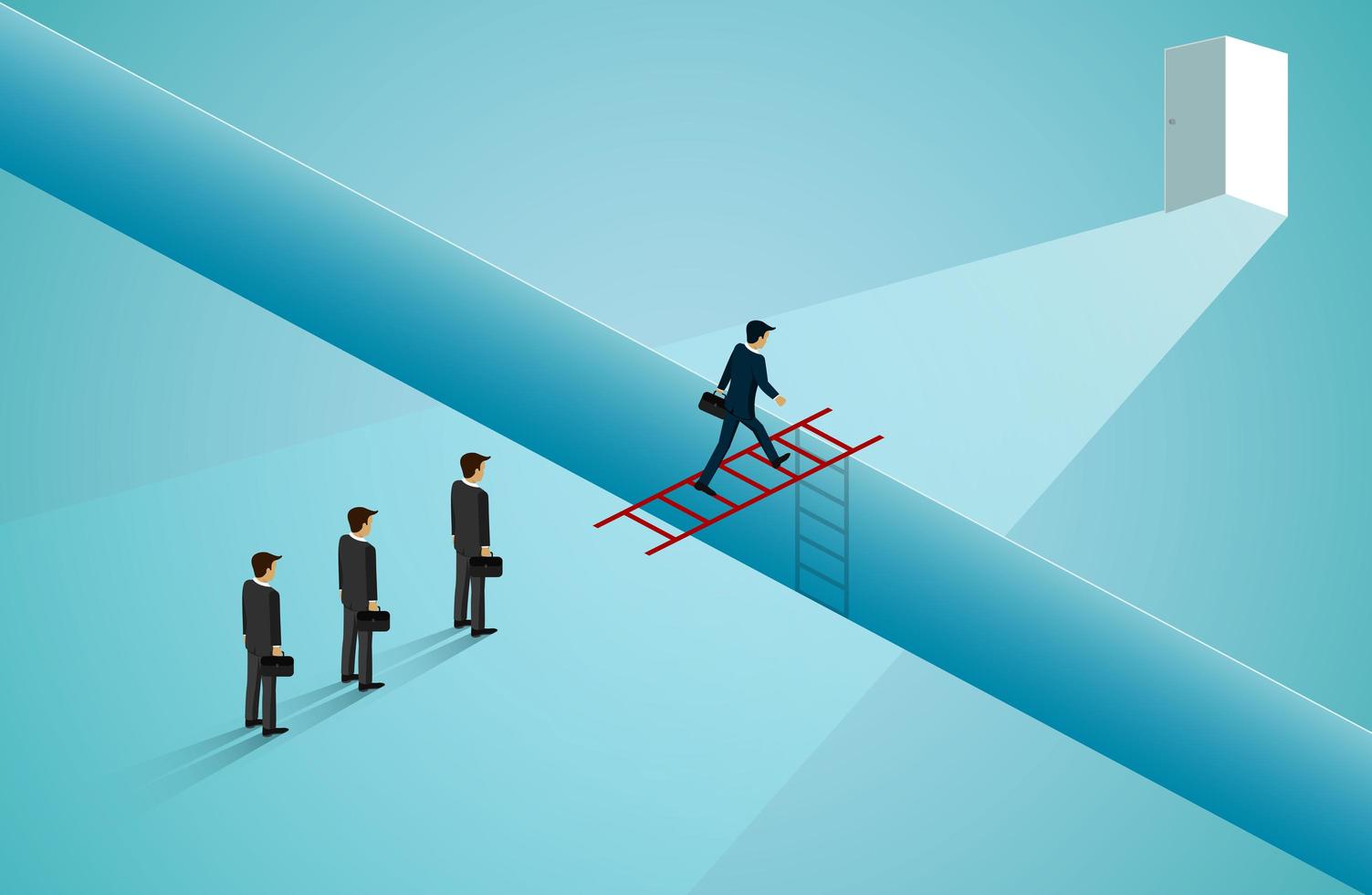 Business men walking across red ladder to door vector