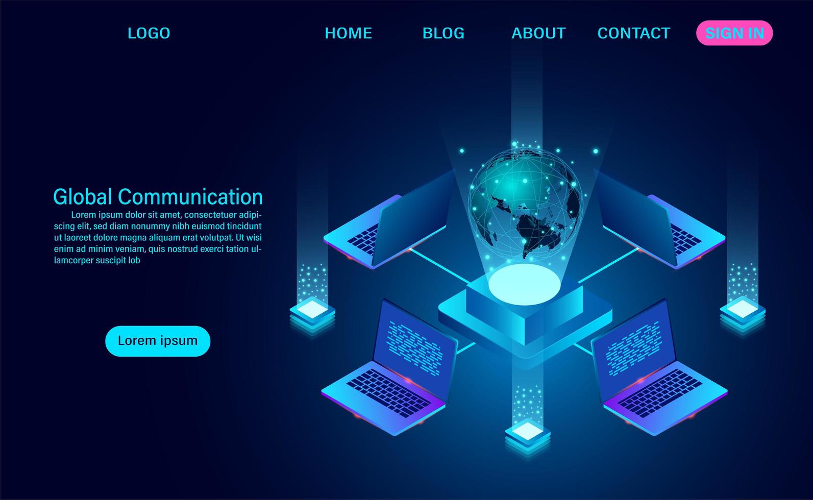 Data Technology Banner with Laptops and Globe vector