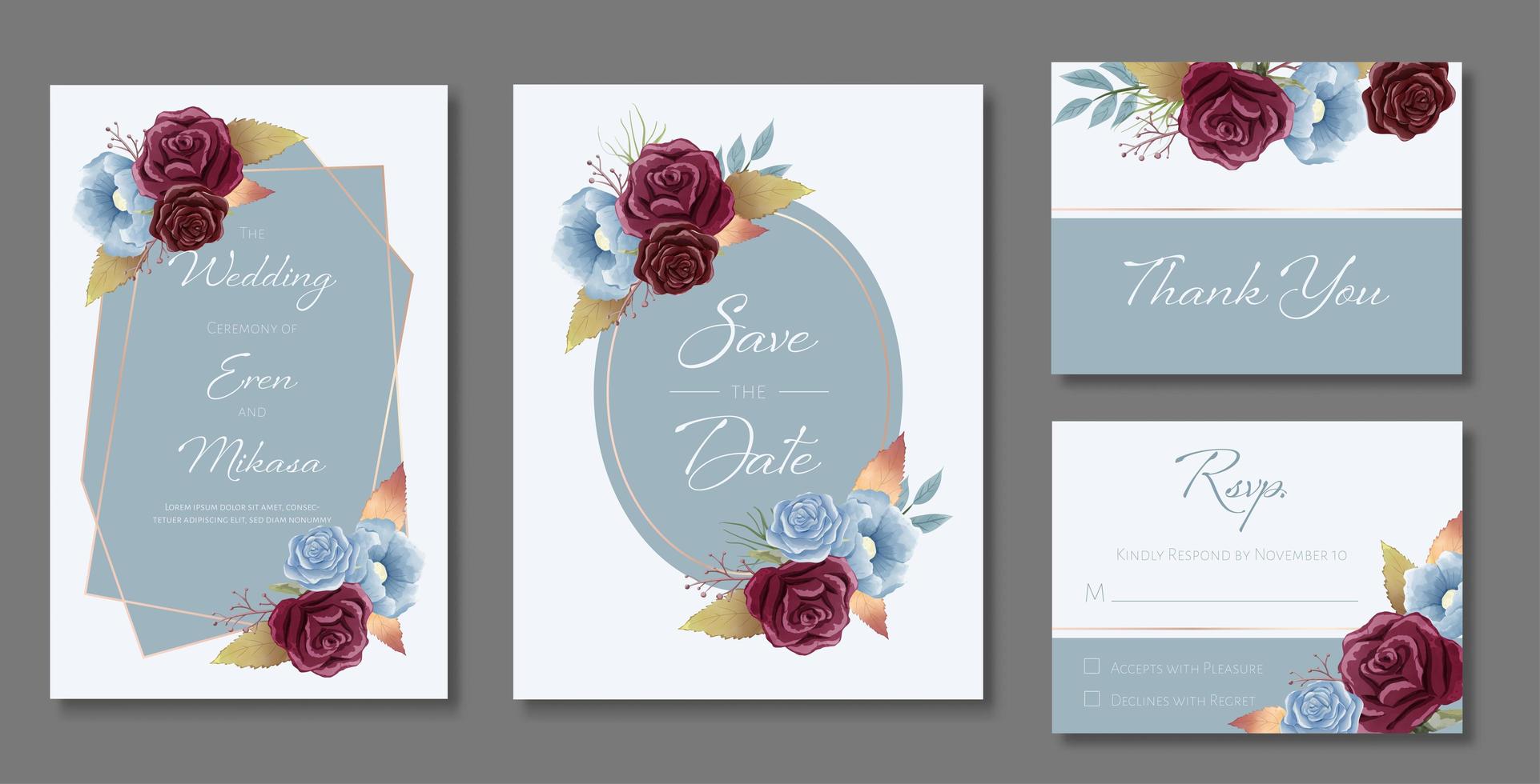 Watercolor Wedding Card Set in Blue with Roses vector