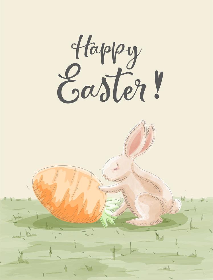 Watercolor Easter Card of Rabbit, Carrot in Garden vector