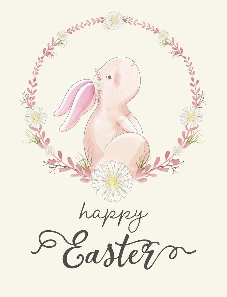 Watercolor Easter Card of Rabbit in Floral Wreath vector