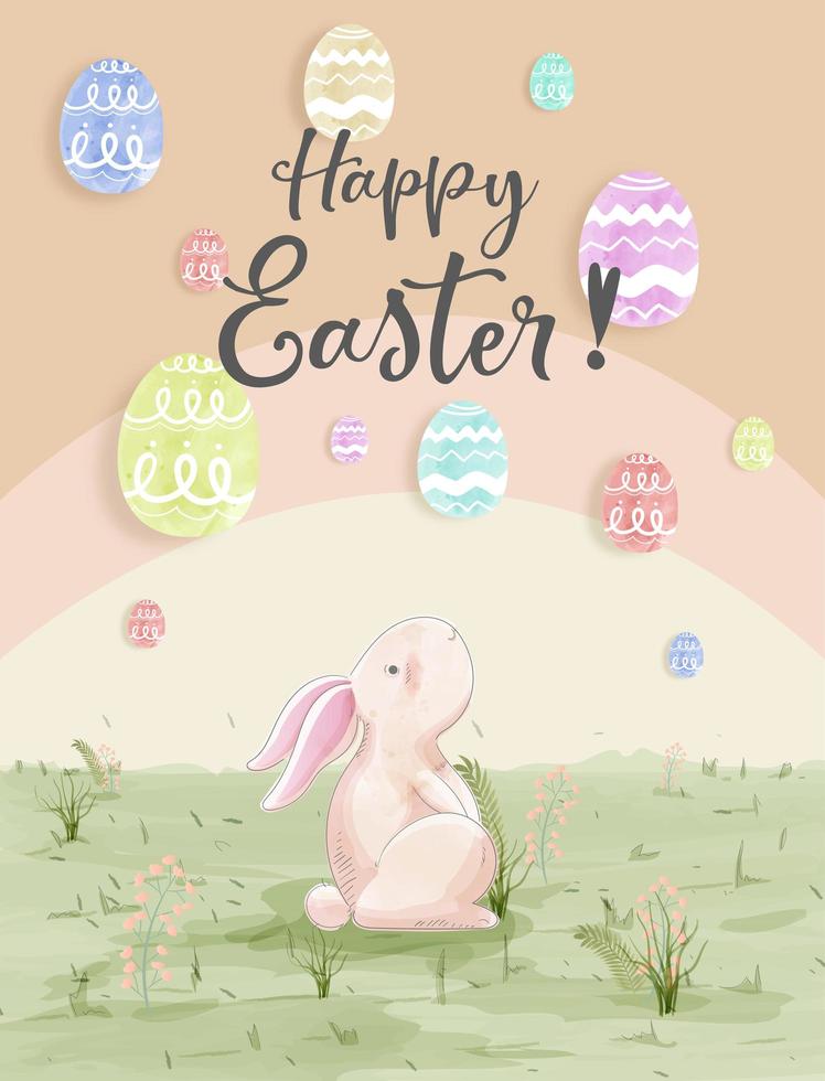 Watercolor Card with Rabbit Seeing Balloon Eggs vector