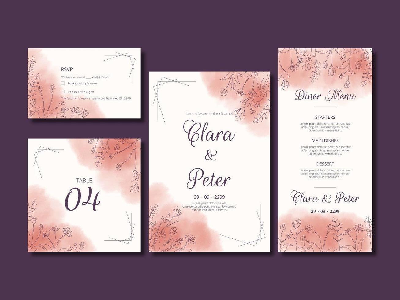 Line Art Floral Watercolor Wedding Card Set  vector