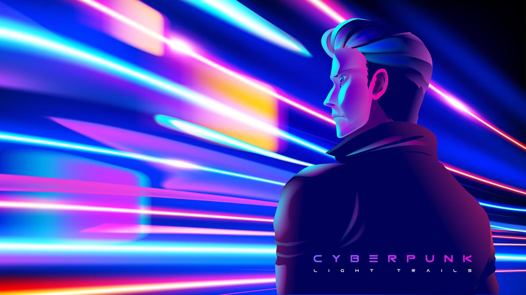 hombre cyberpunk que tiene un momento a la velocidad de la luz vector