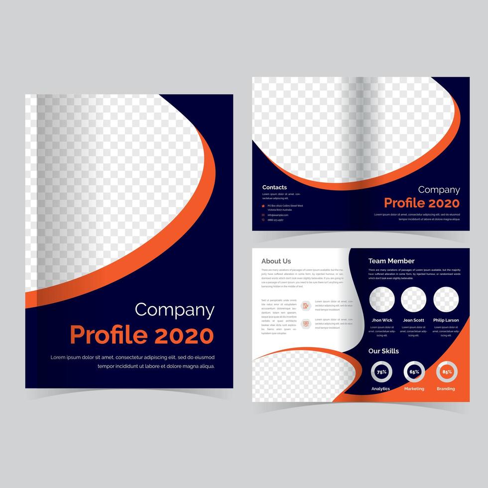 plantilla de folleto plegable naranja y azul vector