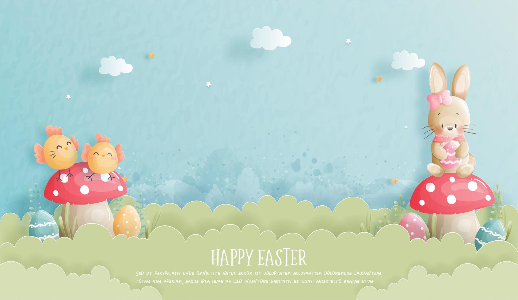 Easter card with bunny and chick paper cut style vector