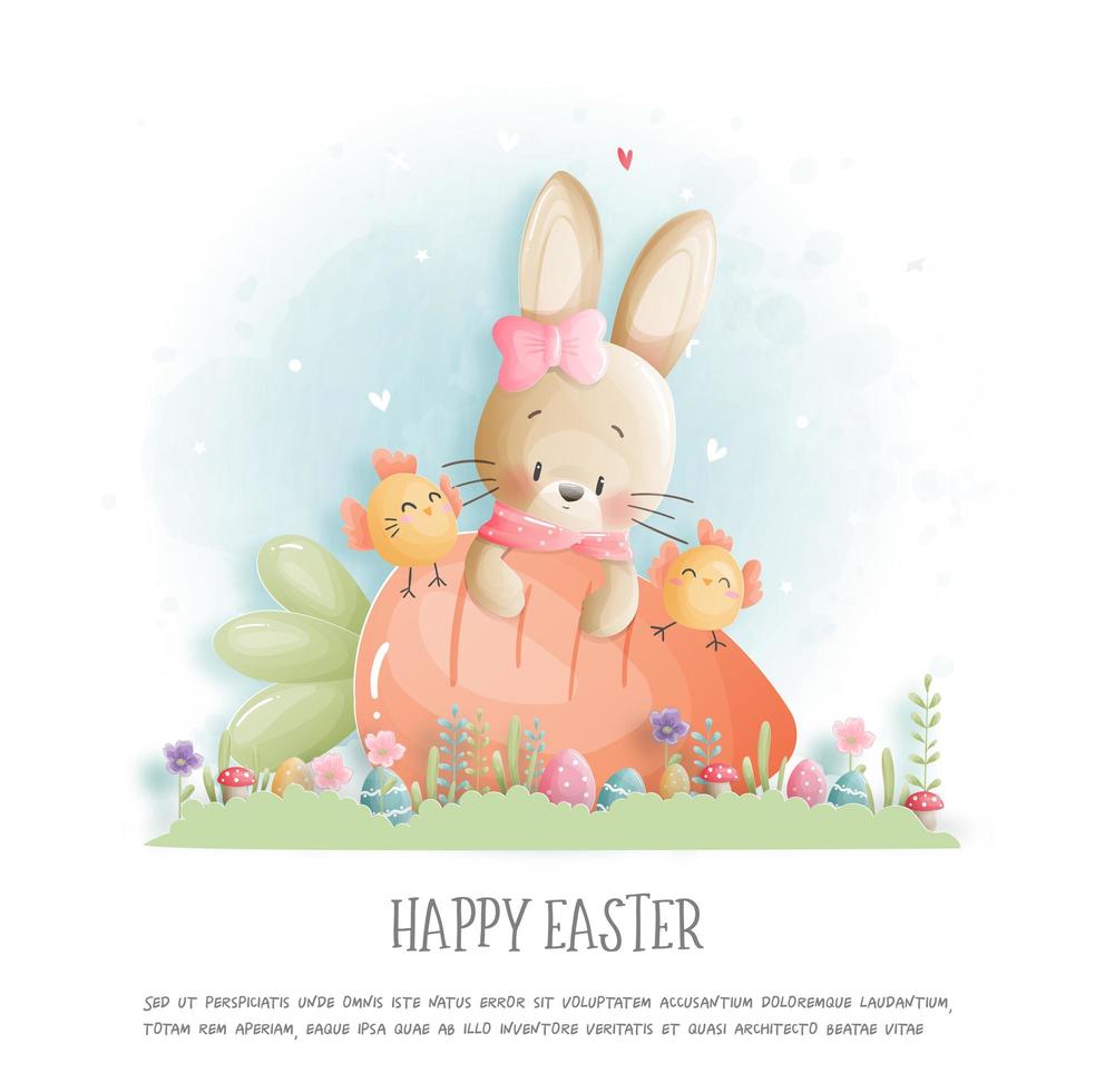 Easter card with bunny and chick on egg. vector