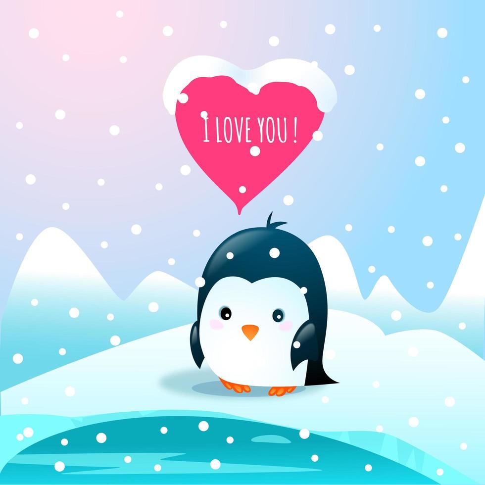 pingüino enamorado frío con te amo corazón vector