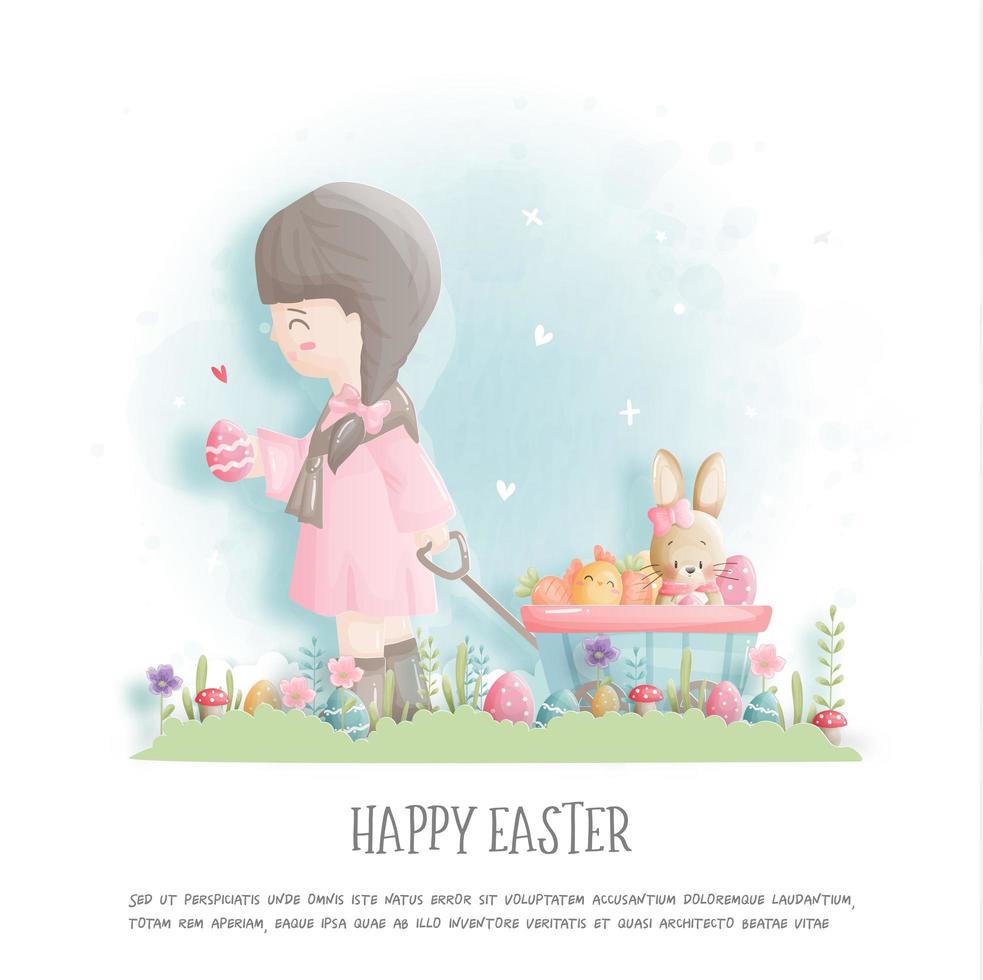 Easter card with girl pulling wagon on grass vector