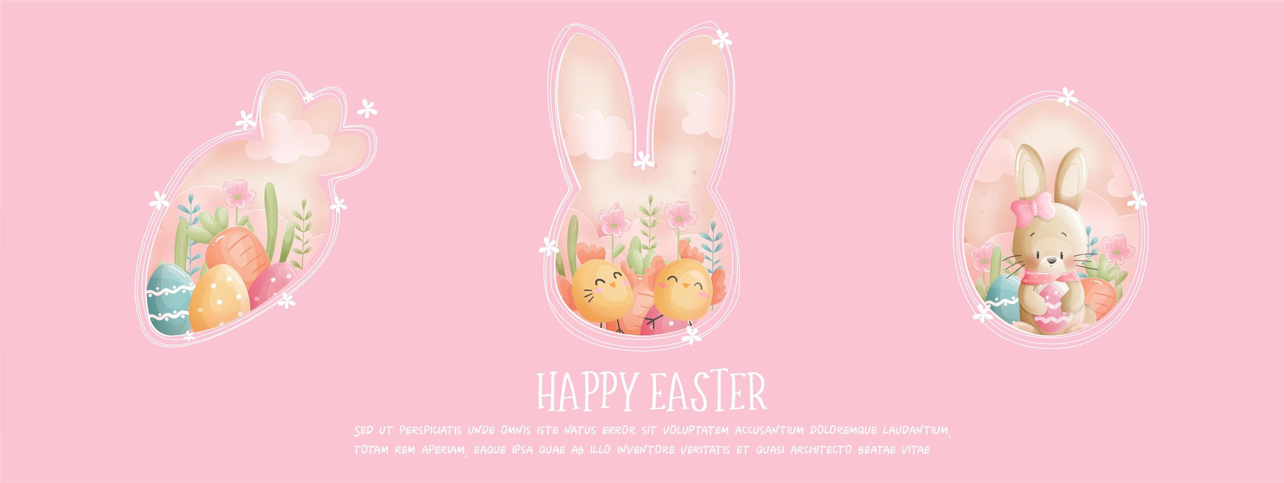 Happy Easter pink banner with bunny and chicks vector