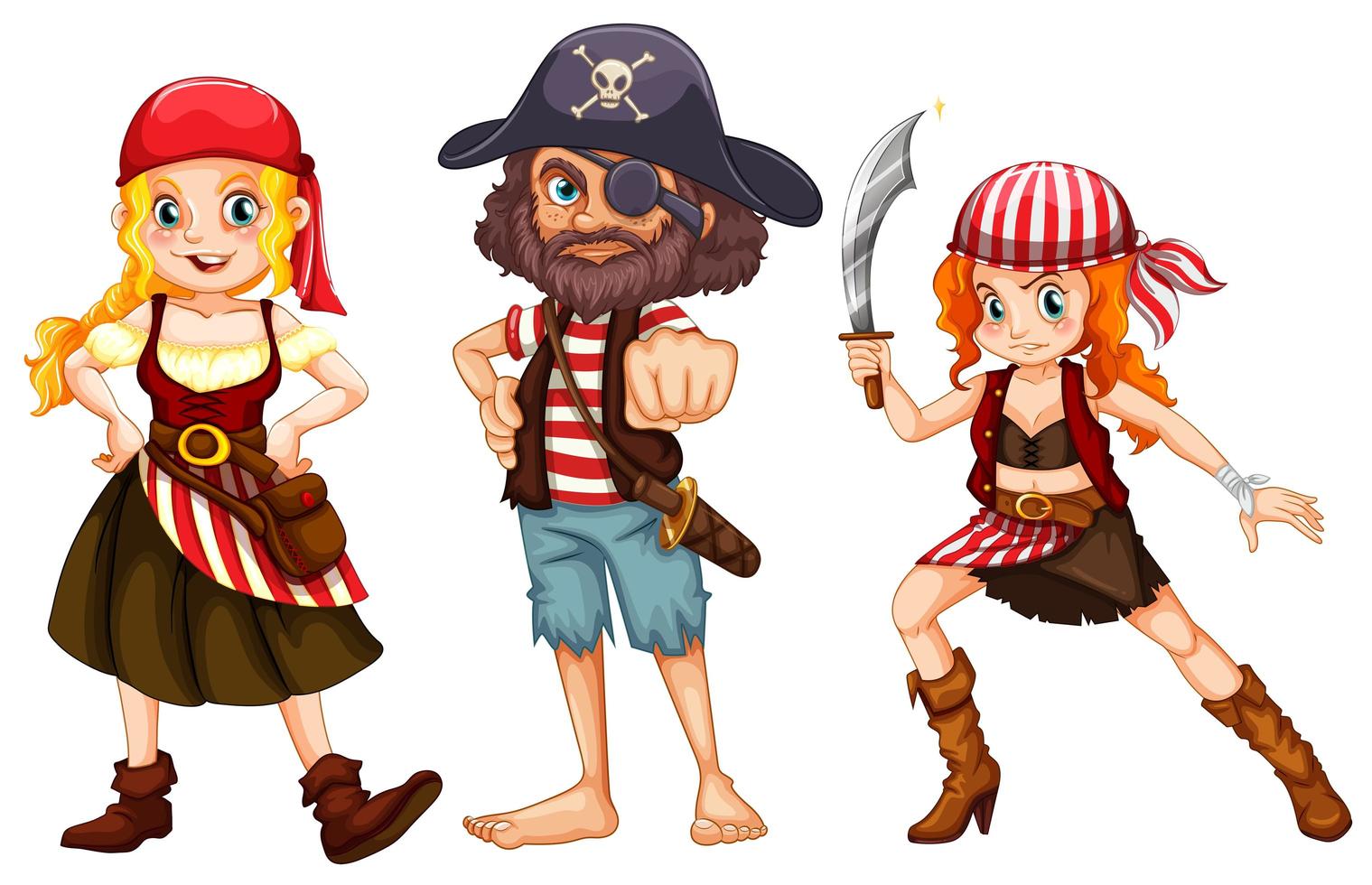 Three pirate characters on white background vector