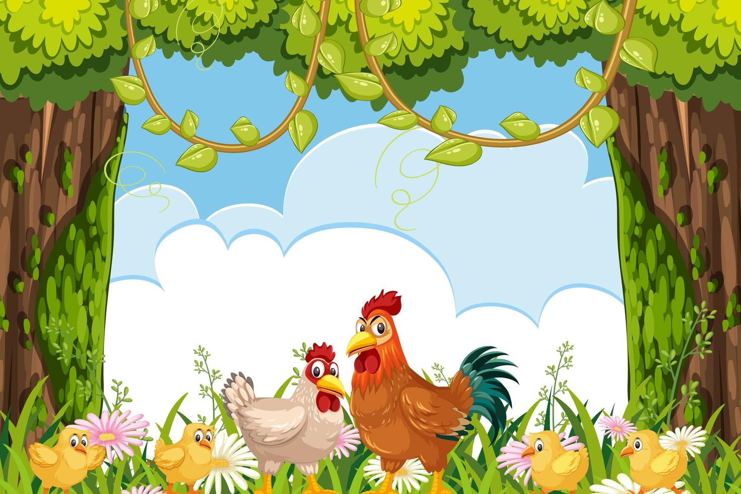 Cartoon Chickens and Flowers with Cloud Background vector