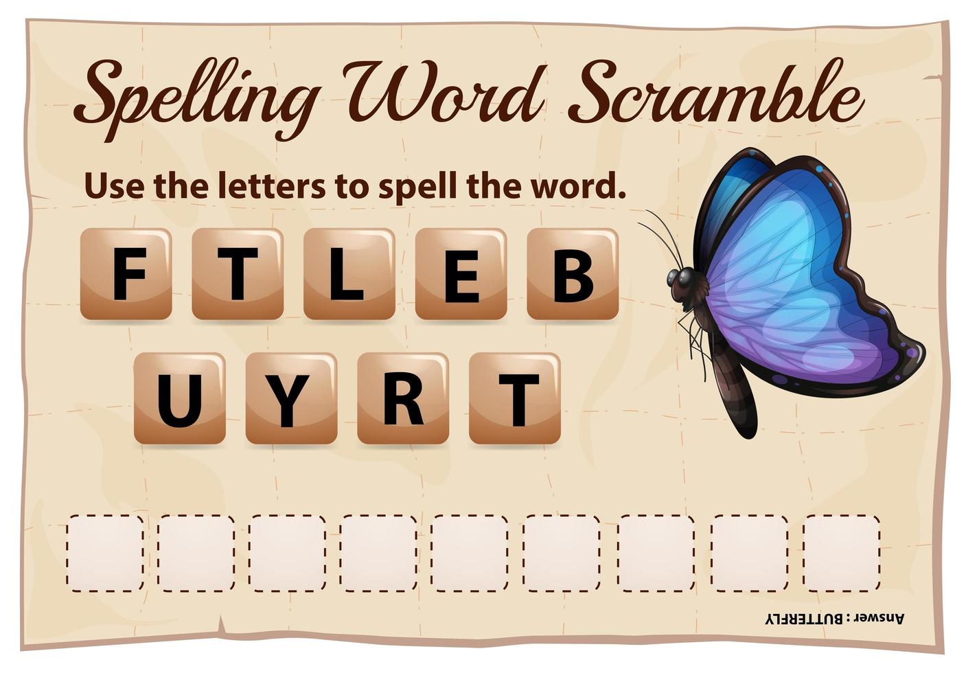 juego de ortografía word scramble con word butterfly vector