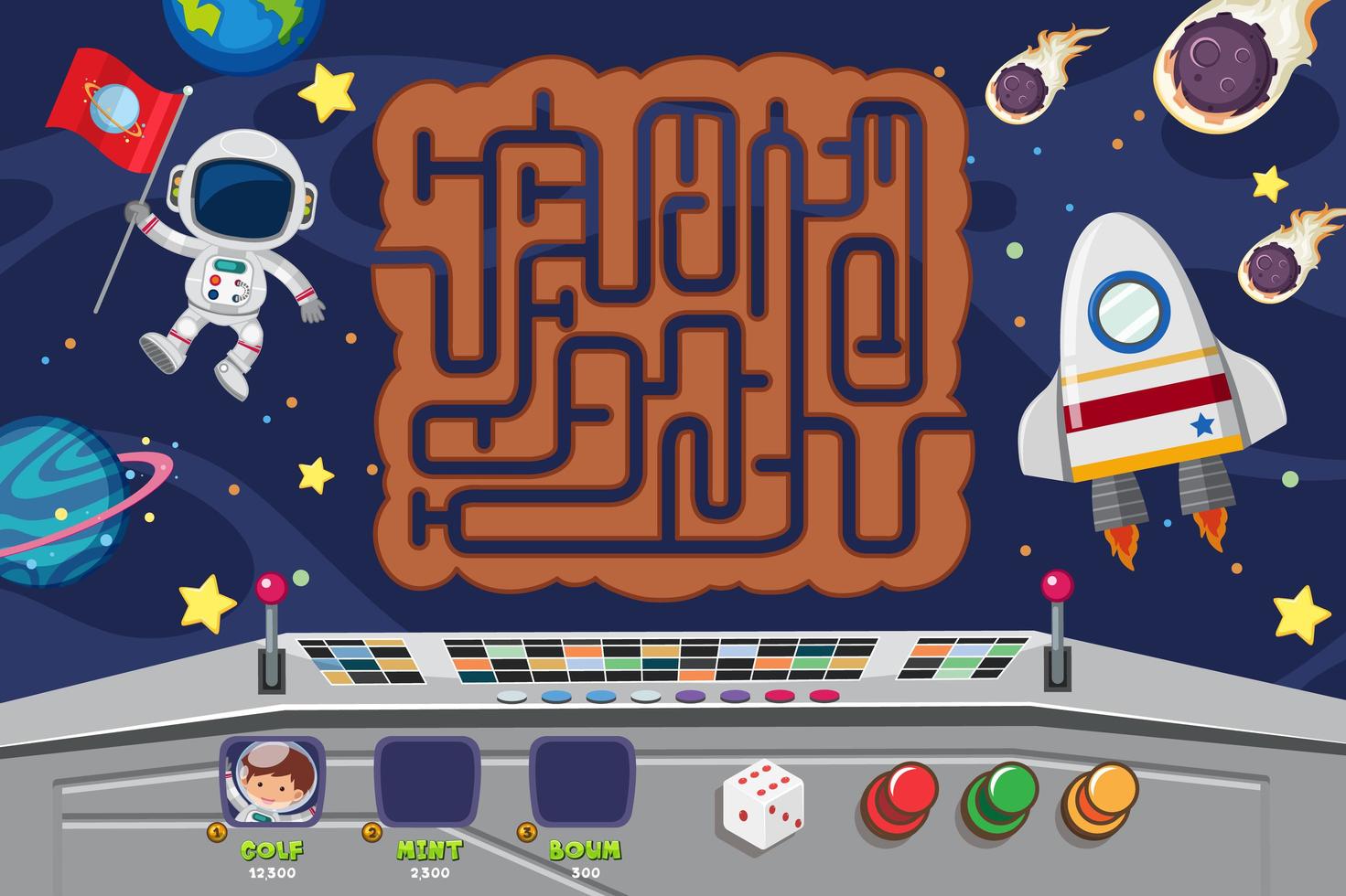 Space themed maze puzzle game template vector