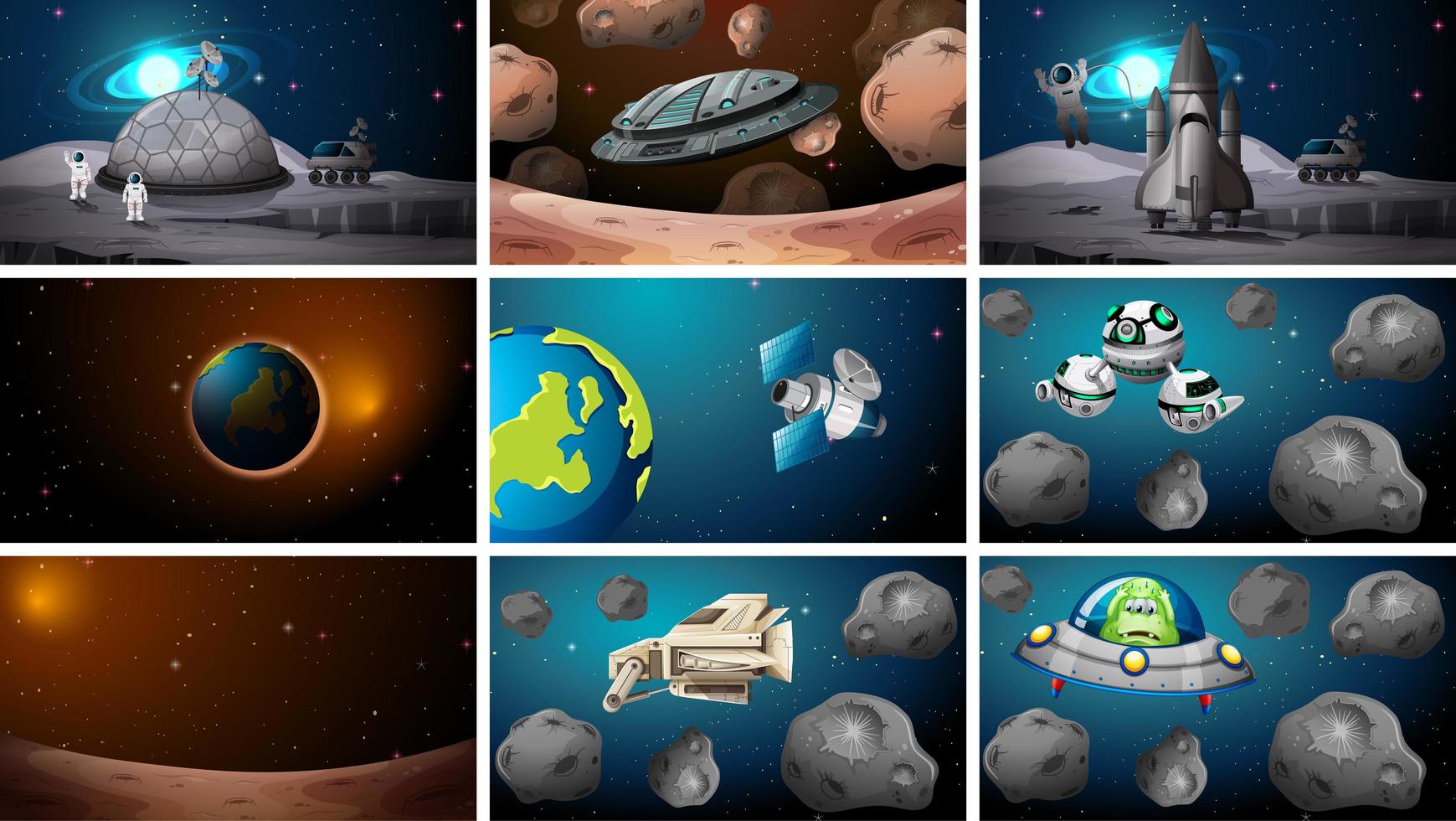 Set of  Various Space and Alien Scenes vector