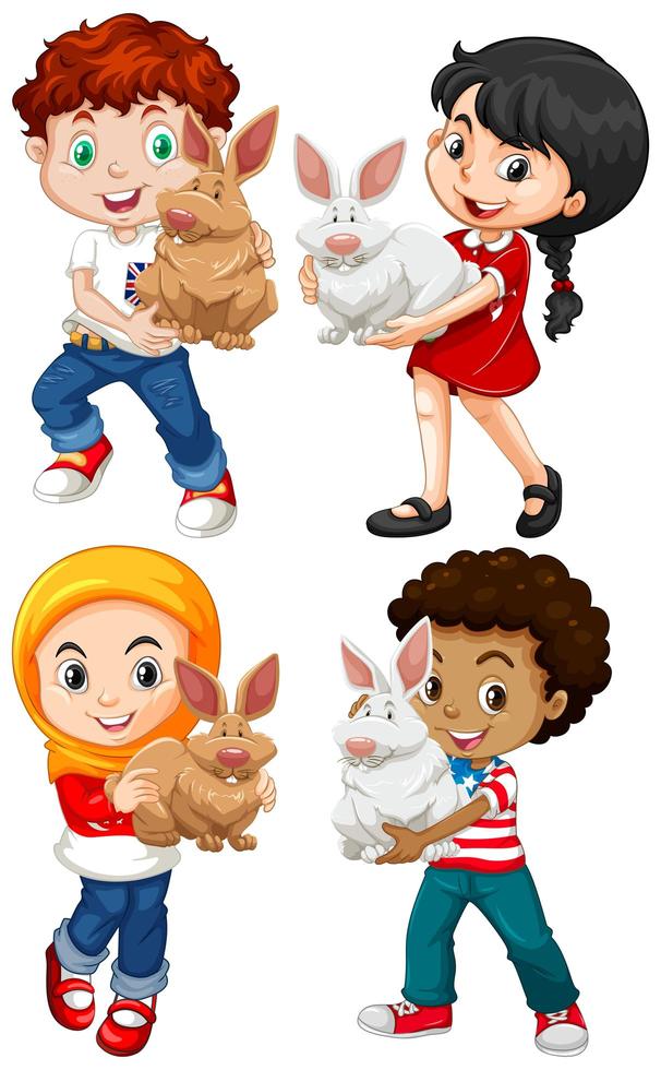 Children  with  rabbits set vector