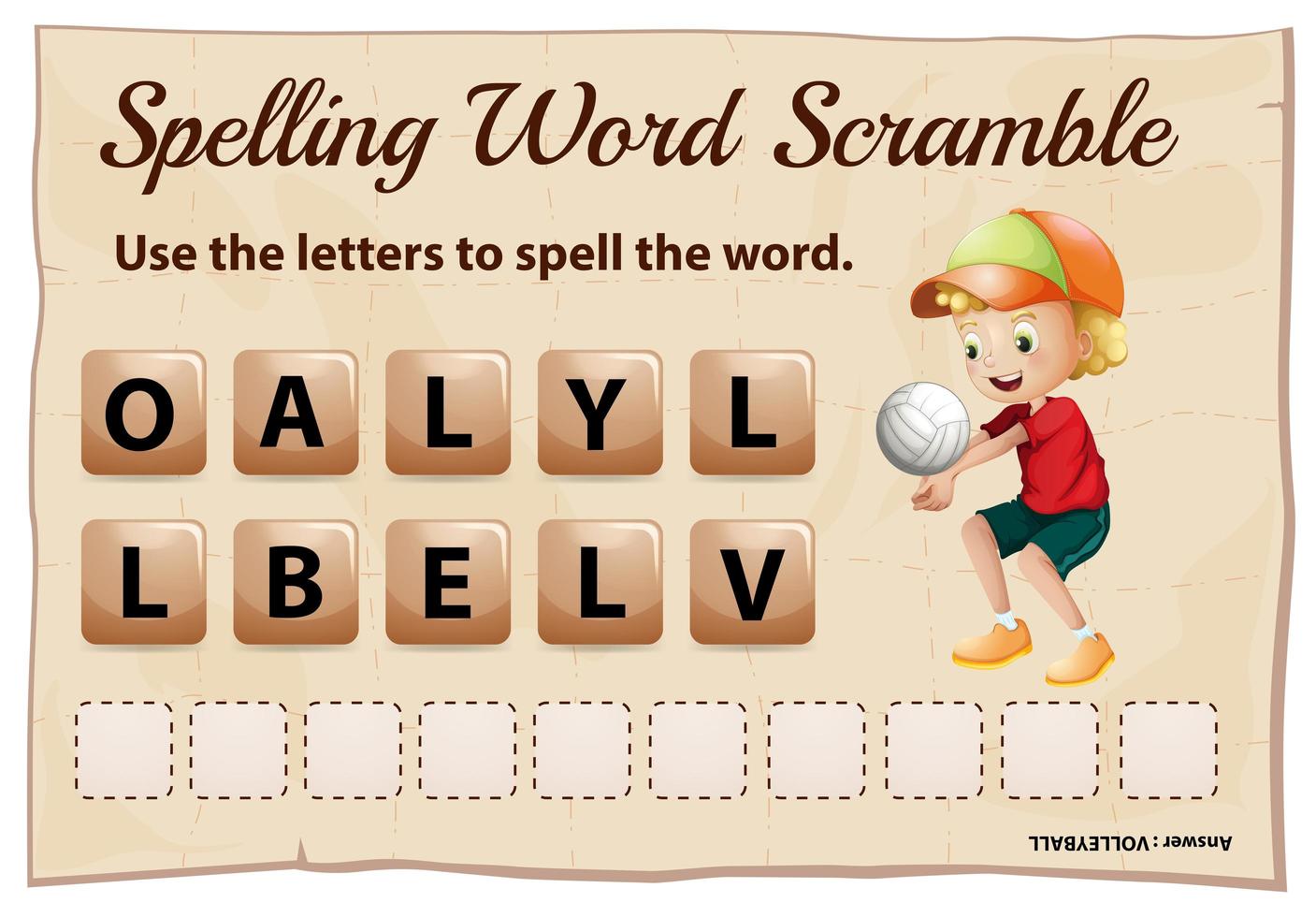 Spelling word scramble template with word volleyball vector