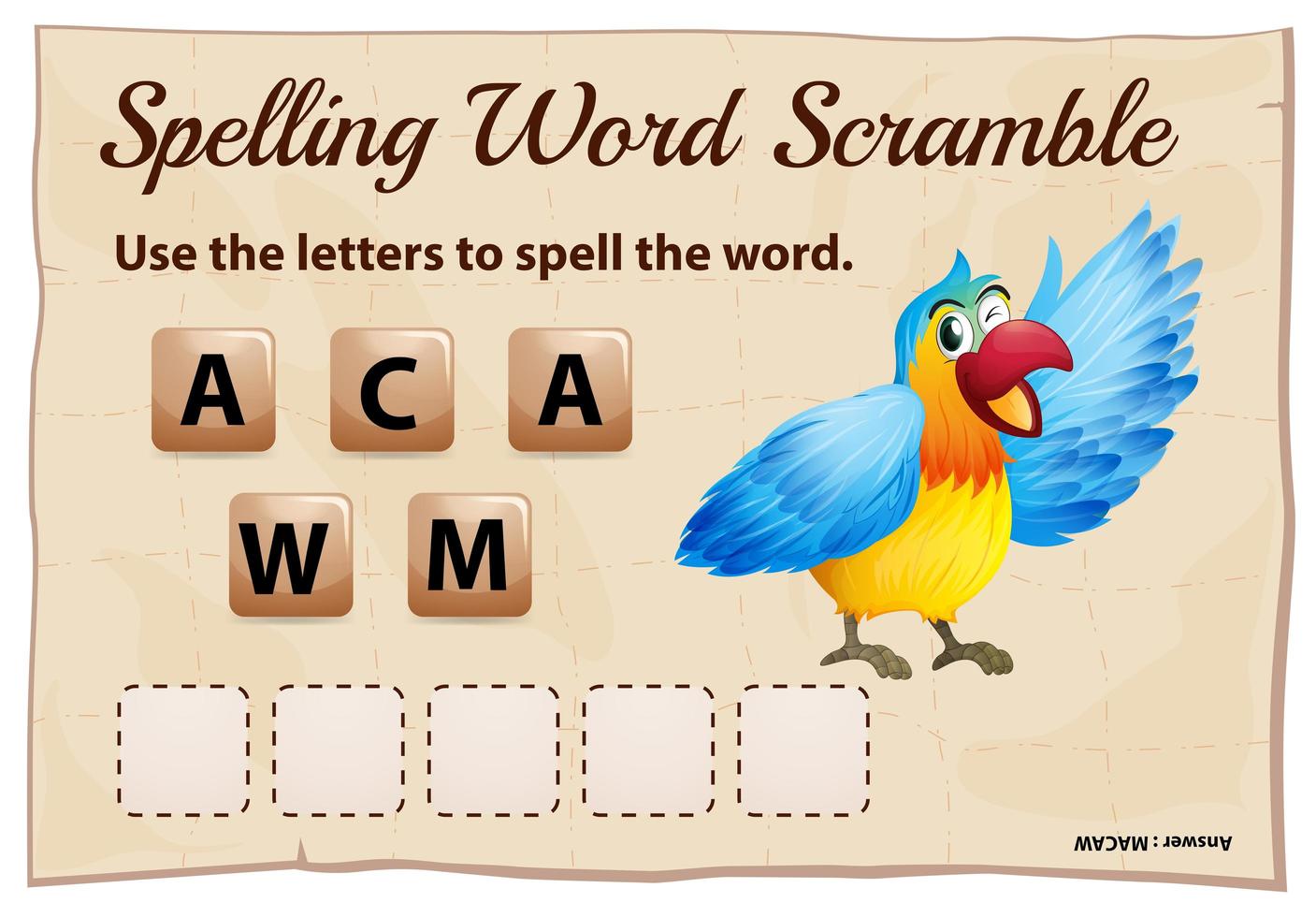 Spelling word scramble game with macaw  vector