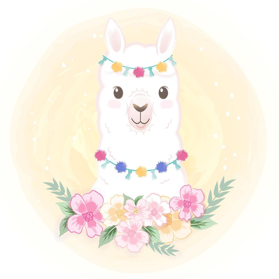 Llama with flowers vector