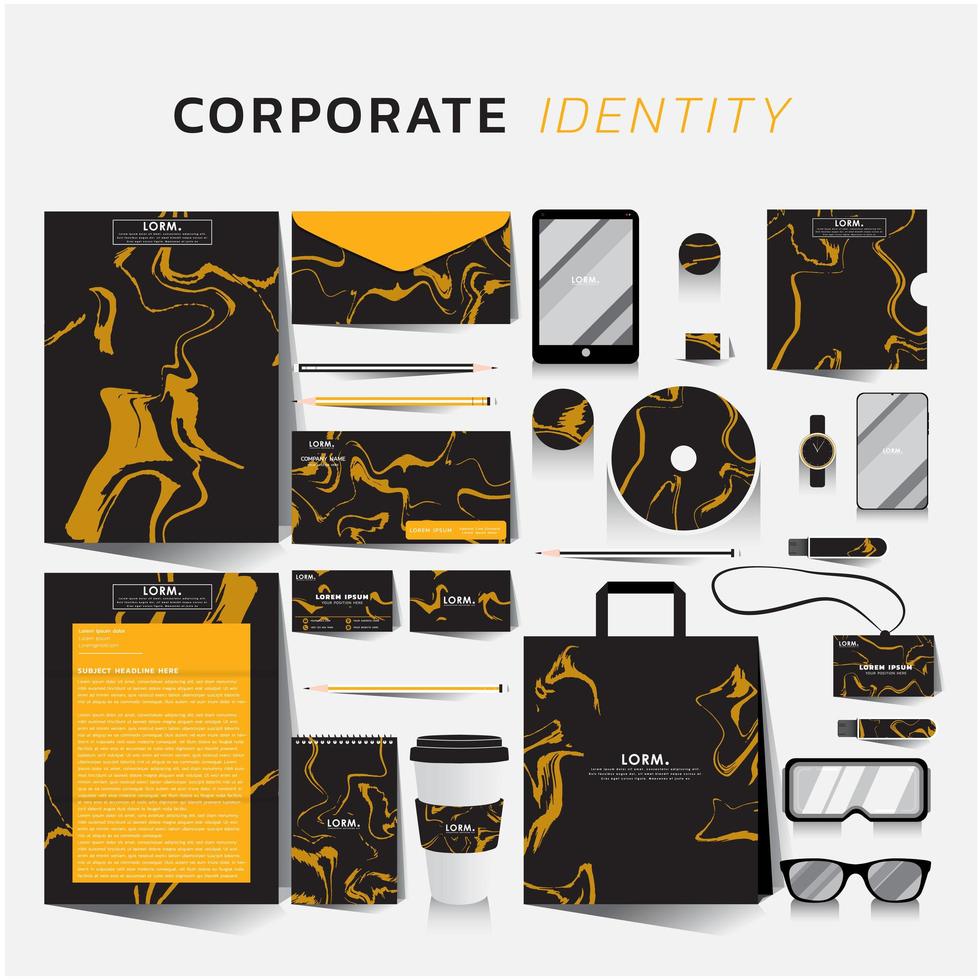Black corporate identity set with orange marble design vector