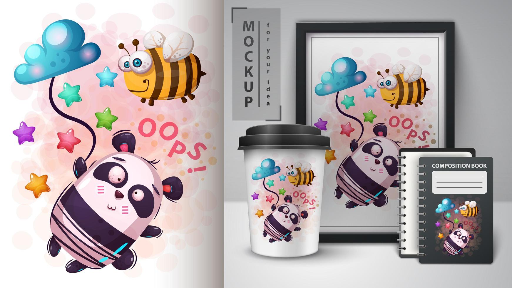 diseño de mensaje de abeja y panda oops vector