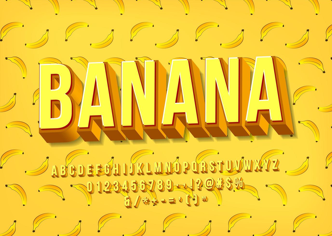 Alfabeto de plátano amarillo. Tipografía en capas 3d. vector