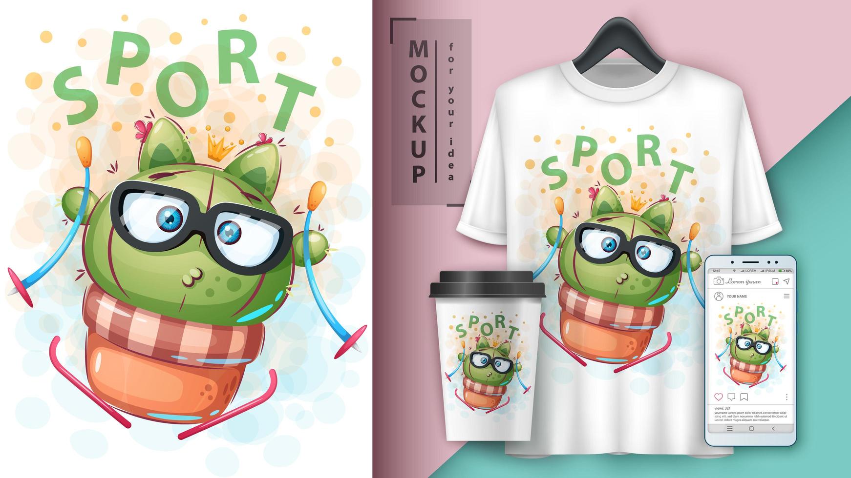 Sport Ski Cactus Cartoon Design. vector