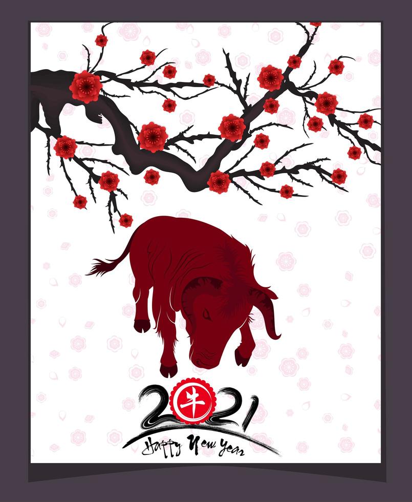 2021 Year of the Ox Poster with Branch and Blossoms vector