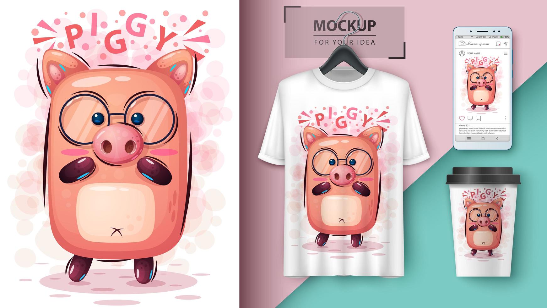  Cartoon Piggy with Glasses Design vector