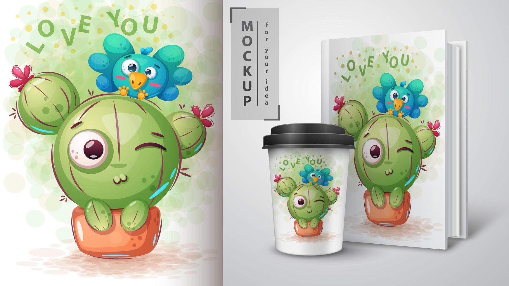Bird and cactus love you design mock up vector