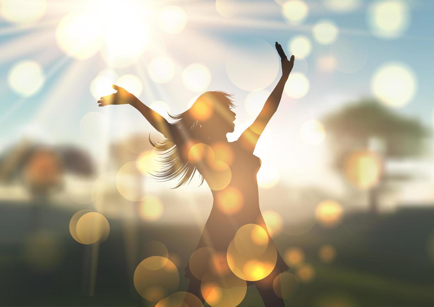 Silhouette of Woman Against Sunlit Defocused Landscape vector