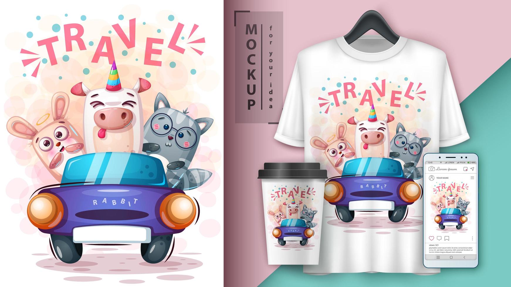 Cute Cartoon Animals Travel Theme Mock up  vector