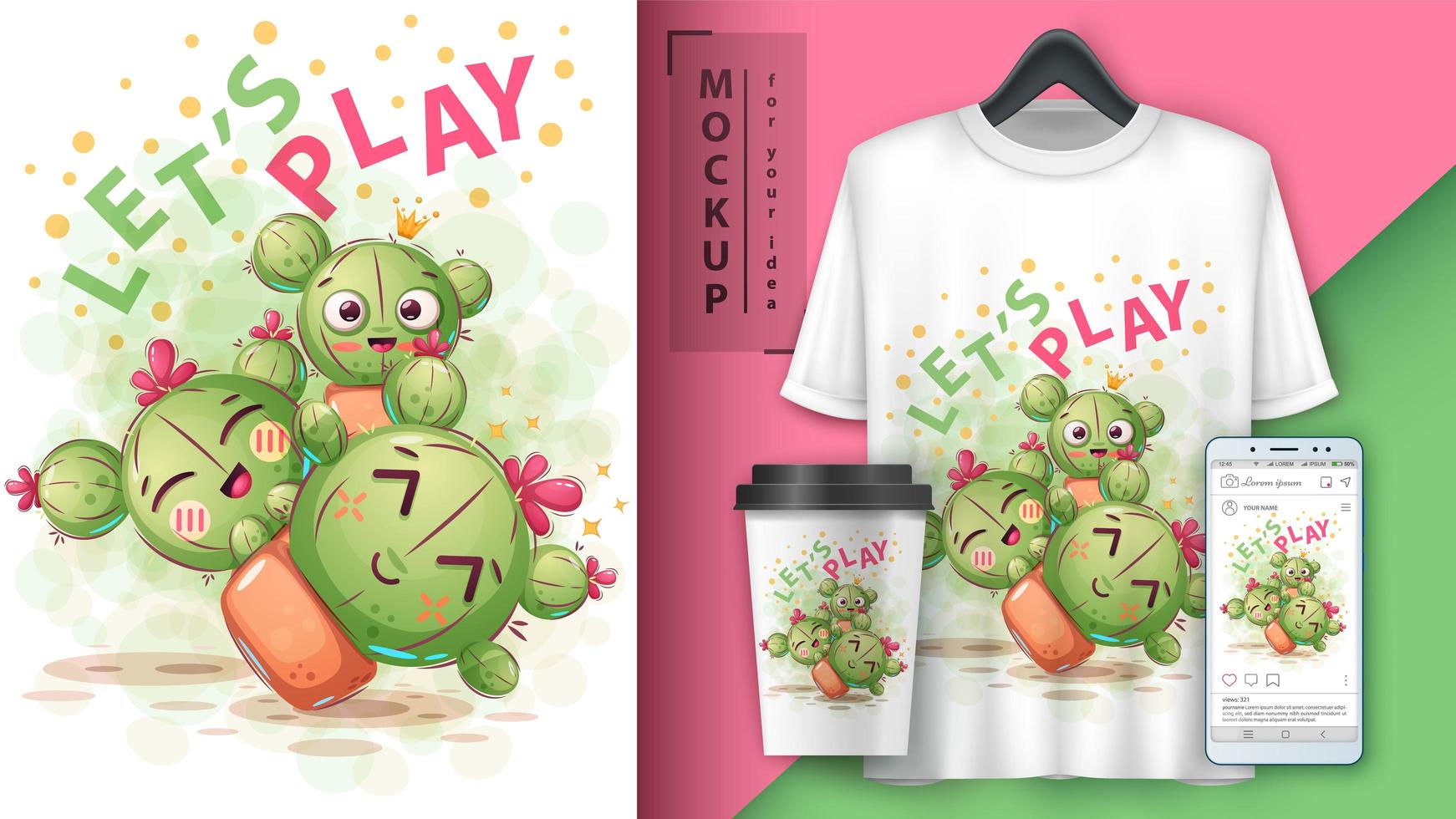 Cute Cactus Let's Play Design vector