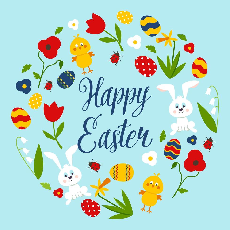 Happy Easter Card with Wreath Made of Items vector