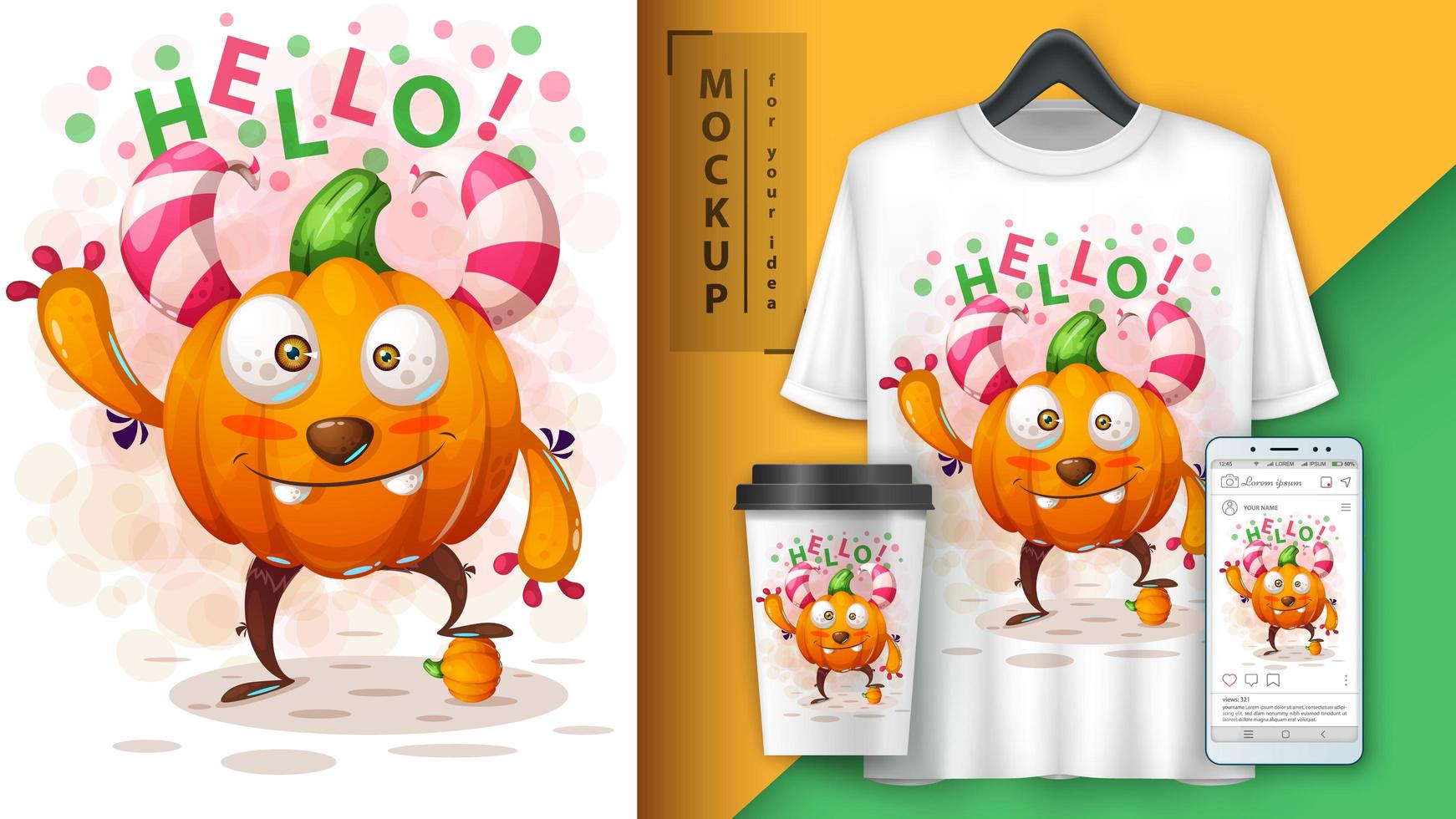 cartel de monstruo de calabaza hola de dibujos animados vector