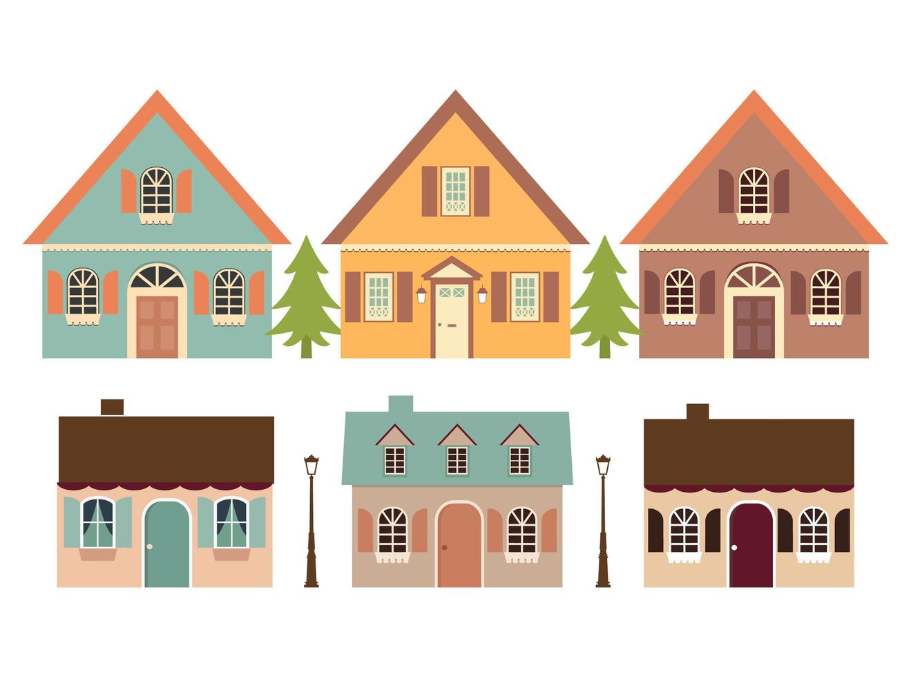 Conjunto de cabañas y árboles. vector