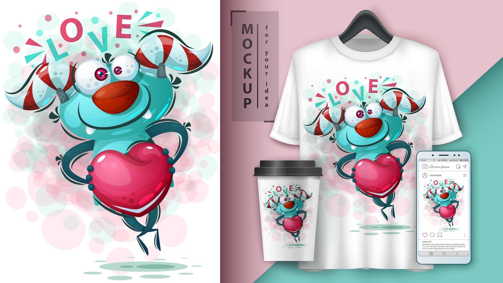 Póster monstruo de amor con corazón vector