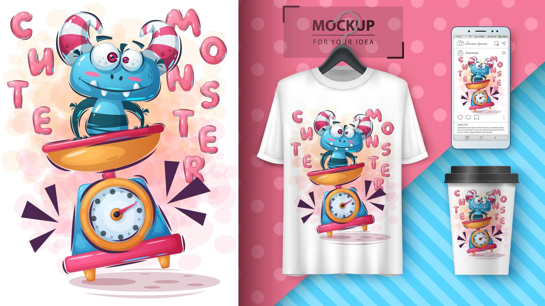 Little Blue Monster with Horns on Scale vector